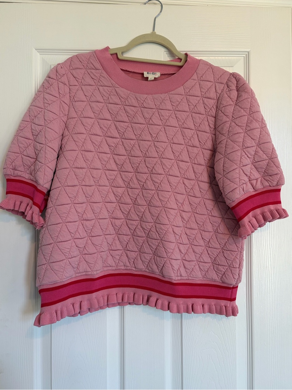 BiBi Quilted Pink Puff Sleeve Top with Stripe Accents